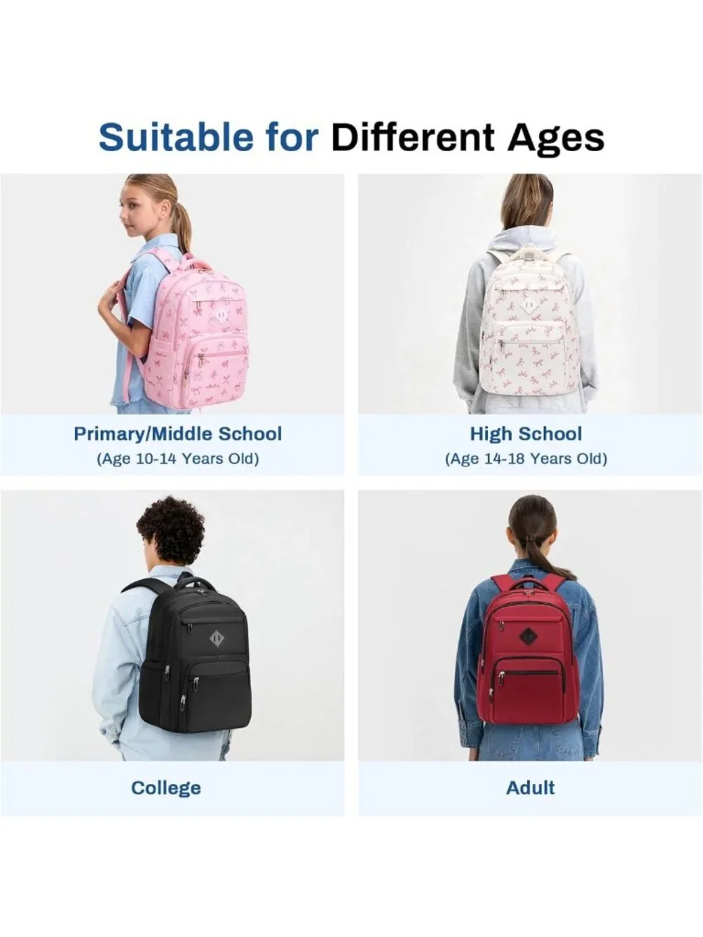Lightweight Girls Backpack, Multi-Pocket College Bookbag, Travel Backpack, Beige